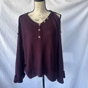 Wonderly Plum Knit High Lo Henley Sweater, Open Left Shoulder NWT, Size M